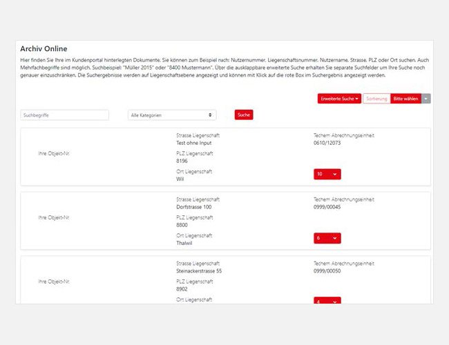 Abbildung der Seite Archiv Online vom Techem Kundenportal.