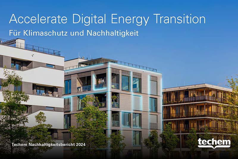 Titelbild Techem Nachhaltigkeitsbericht. Abbildung Mehrfamilienhäuser mit Begrünung und Text: Accelerate Digital Energy Transition.
