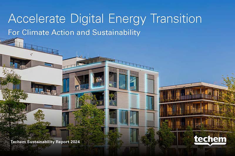 Photo de couverture du rapport de durabilité Techem. Illustration d'immeubles d'habitation avec végétation et texte : Accélérer la transition énergétique numérique.