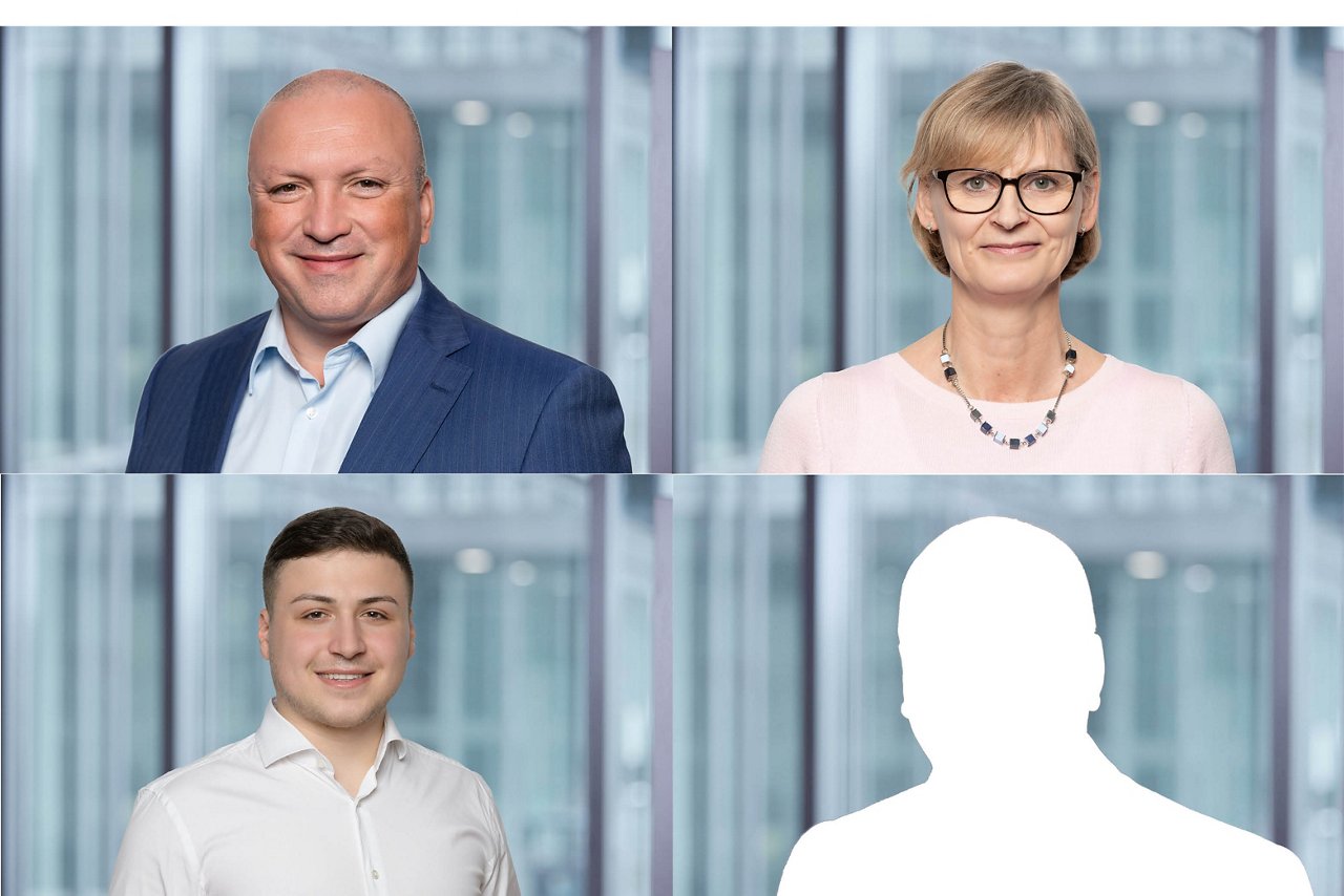 Collage d'images de collaborateurs individuels du service interne des ventes Echange d'appareils sur un fond de bureau flou.