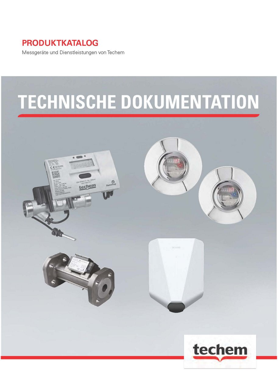 Titelbild Produktkatalog Techem mit Geräten auf dem Cover und grauem Hintergrund.