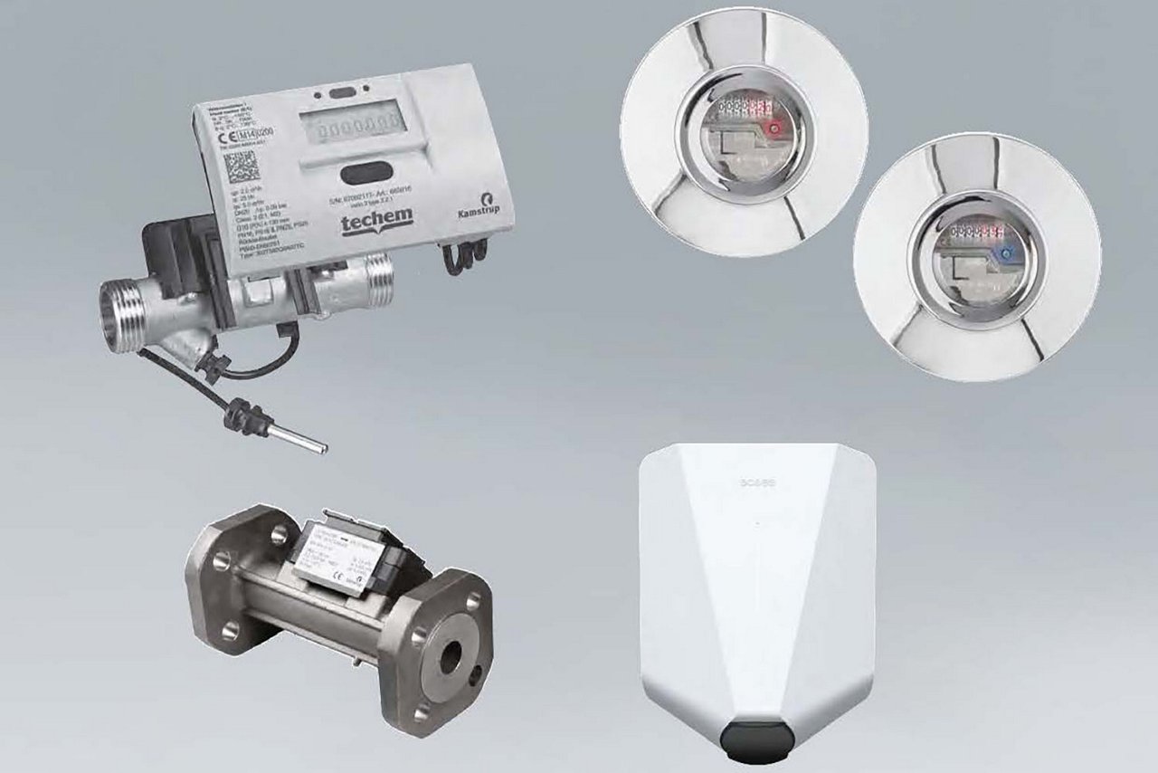 Grauer Hintergrund mit Abbildungen verschiedener Techem Produkte