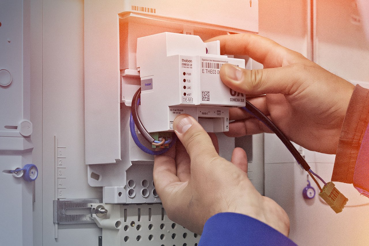 Hände eines Elektrikers, der ein kleines, weißes elektronisches Gerät in eine größere, weiße Schalttafel einbaut.