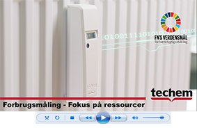 Digital varmemåler sidder på radiator - og her vises også FN's verdensmåls logo og Techems logo. Teksten på billedet siger: Forbrugsmåling - Fokus på ressourcer. 
