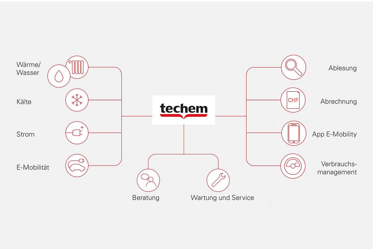 Grafische Darstellung des Techem Leistungsangebots: Mit Icons und Text werden die Themen Energie-, Wasser- und Strommessung, E-Mobilität, Ablesung, Abrechnung, die App E-Mobility, Verbrauchsmanagement, Beratung sowie Wartung und Service visualisiert.
