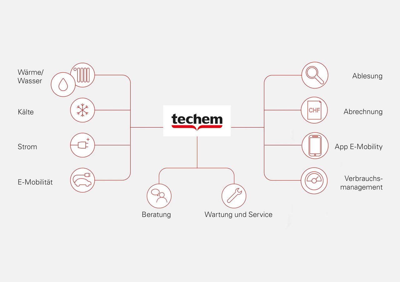 Grafische Darstellung des Techem Leistungsangebots: Mit Icons und Text werden die Themen Energie-, Wasser- und Strommessung, E-Mobilität, Ablesung, Abrechnung, die App E-Mobility, Verbrauchsmanagement, Beratung sowie Wartung und Service visualisiert.