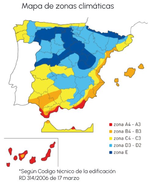 Mapa de zonas climáticas de España, titulado "Mapa de zonas climáticas." El mapa utiliza diferentes colores para representar varias zonas climáticas en todo el país. La leyenda en la parte inferior derecha indica la codificación de colores para cada zona: rojo para zona A4 - A3, naranja para zona B4 - B3, amarillo para zona C4 - C3, azul claro para zona D3 - D2, y azul oscuro para zona E. En la parte inferior izquierda hay una nota que dice: "Según Código técnico de la edificación RD 314/2006 de 17 marzo."