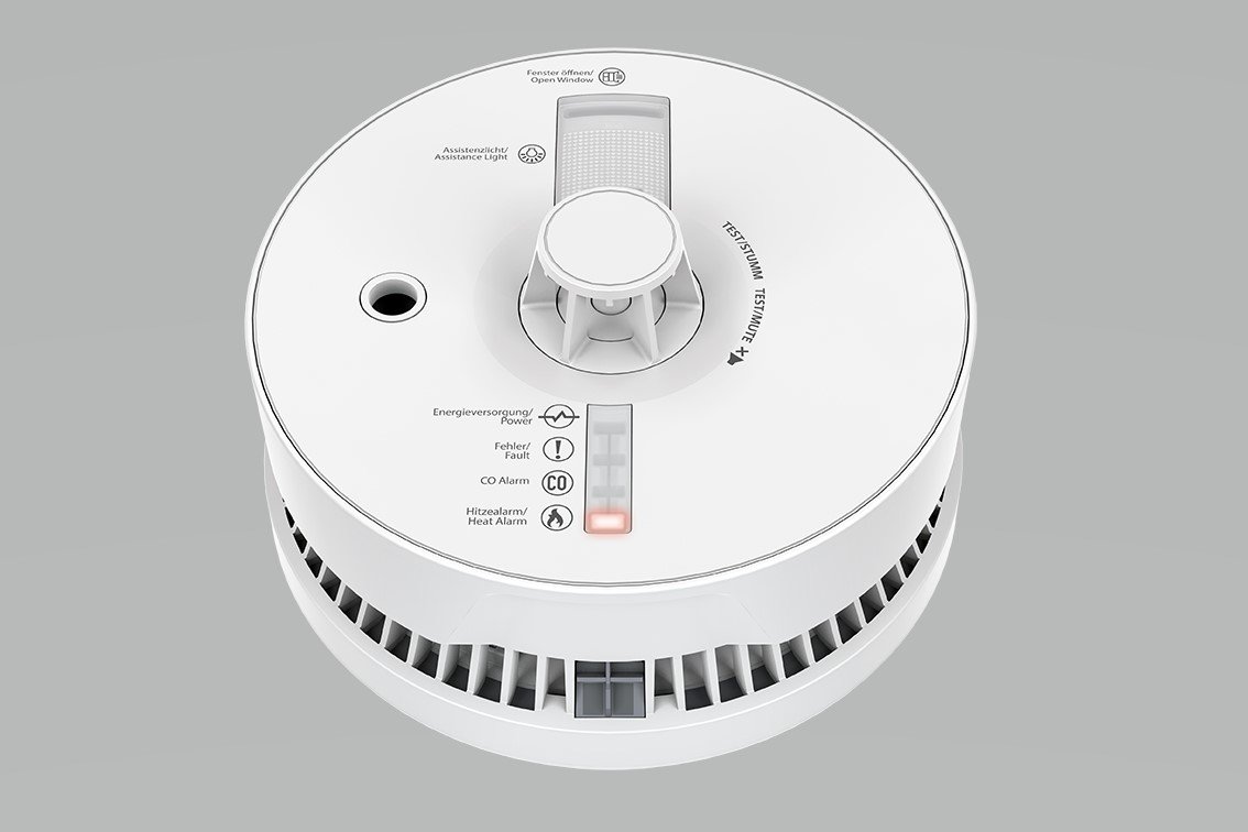 Gerät Multisensor Plus und die Leuchte Hitzealarm ist aktiviert und blinkt rot