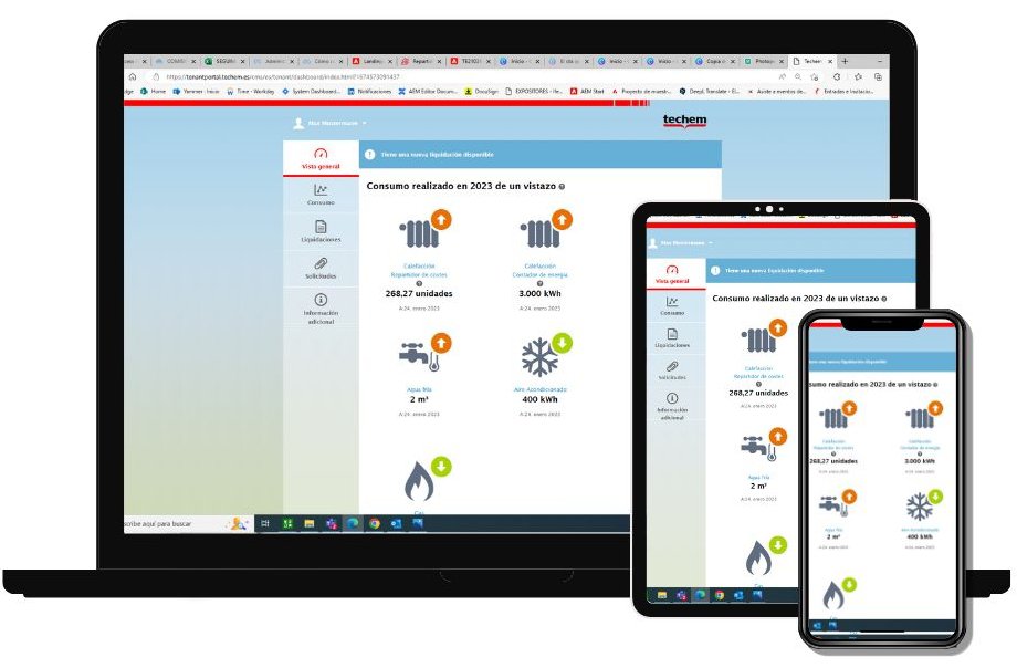 Un ordenador, una tablet y un smartphone exhibiendo la misma interfaz del portal cliente de Techem.