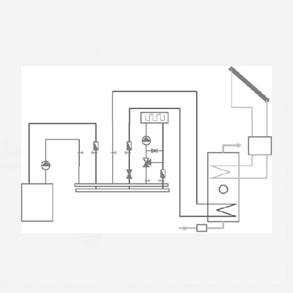 Grafische Darstellung Prinzipschema Heizung auf grauem Hintergrund