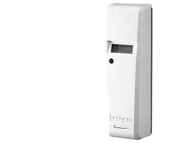 Repartidor de costes marca 'techem', de color blanco, con una pantalla digital y un botón en la parte frontal.