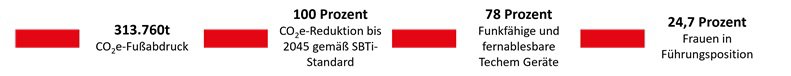 alt-Text: Grafik zu den Schwerpunkten ESG mit 313.760t CO2e-Fußabdruck, 100 Prozent CO2e-Reduktion bis 2045, 78 Prozent funkfähige und fernablesbare Techem Geräte, 24,7 Prozent Frauen in Führungspositionen