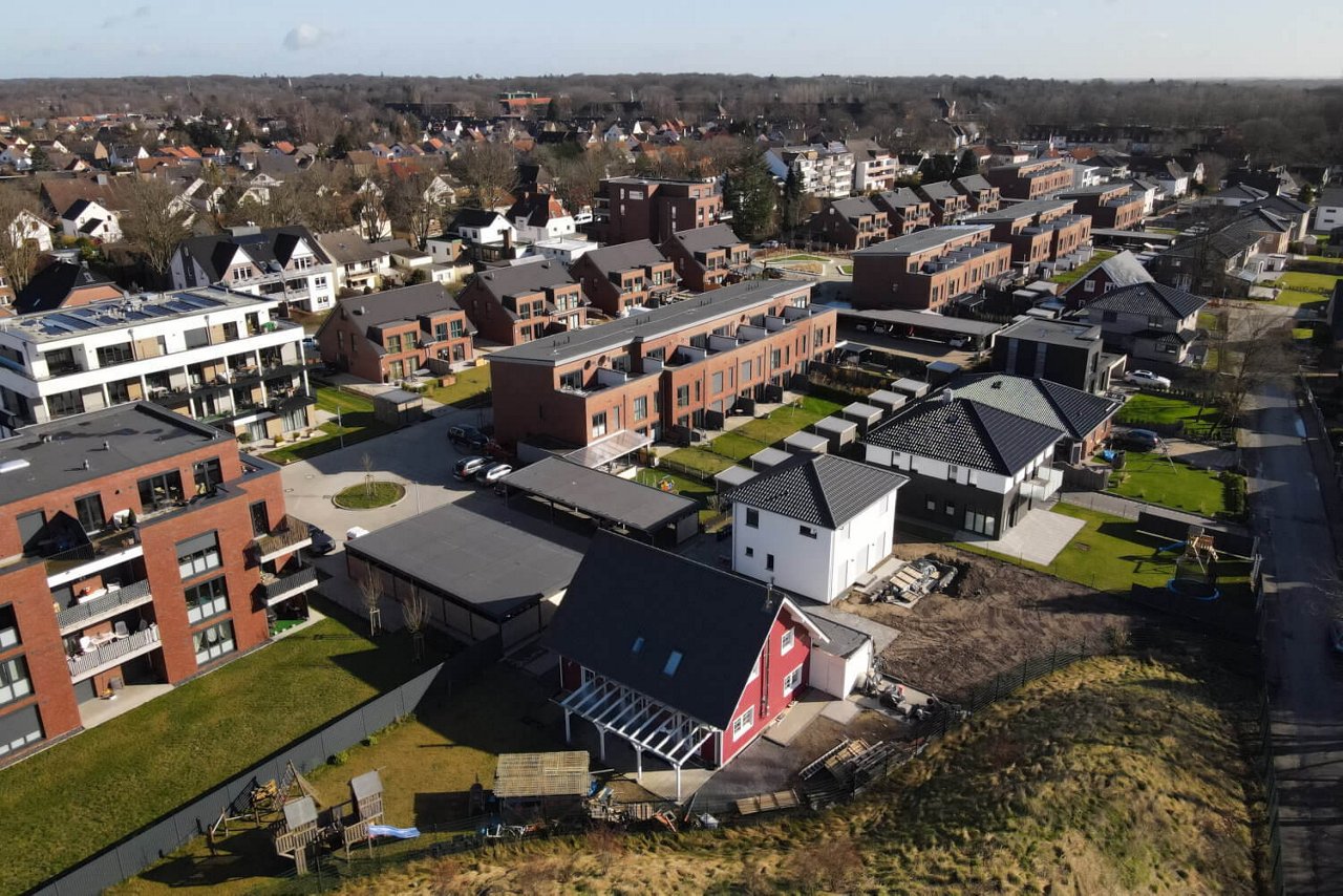 Das Neubaugebiet Tauwerk. Eine Komplettansicht von oben