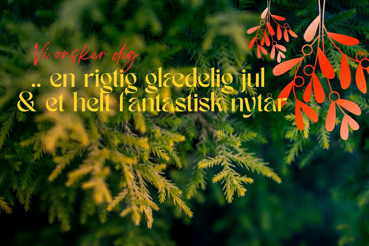 Julekort med hilsen: Vi ønsker dig en rigtig glædelig jul og et godt nytår. 