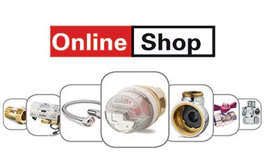 Et samlet billede af forskellige målere og fittings - med et logo med Online Shop øverst. 