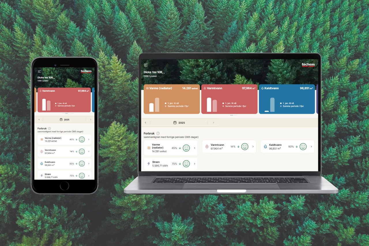Techem Beboer App på mobil og PC foran en skog.