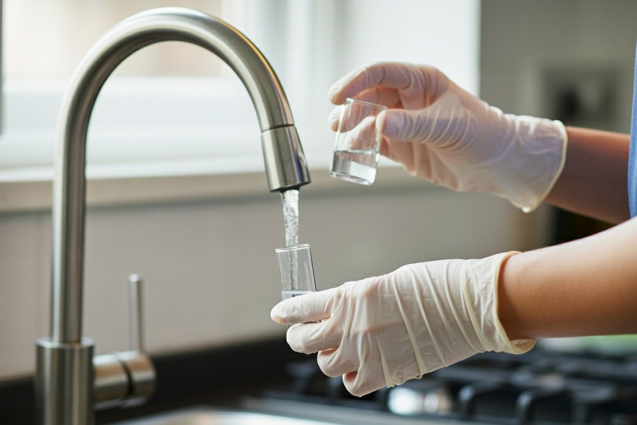 Hände in Handschuhen, die eine Wasserprobe am Wasserhahn entnehmen