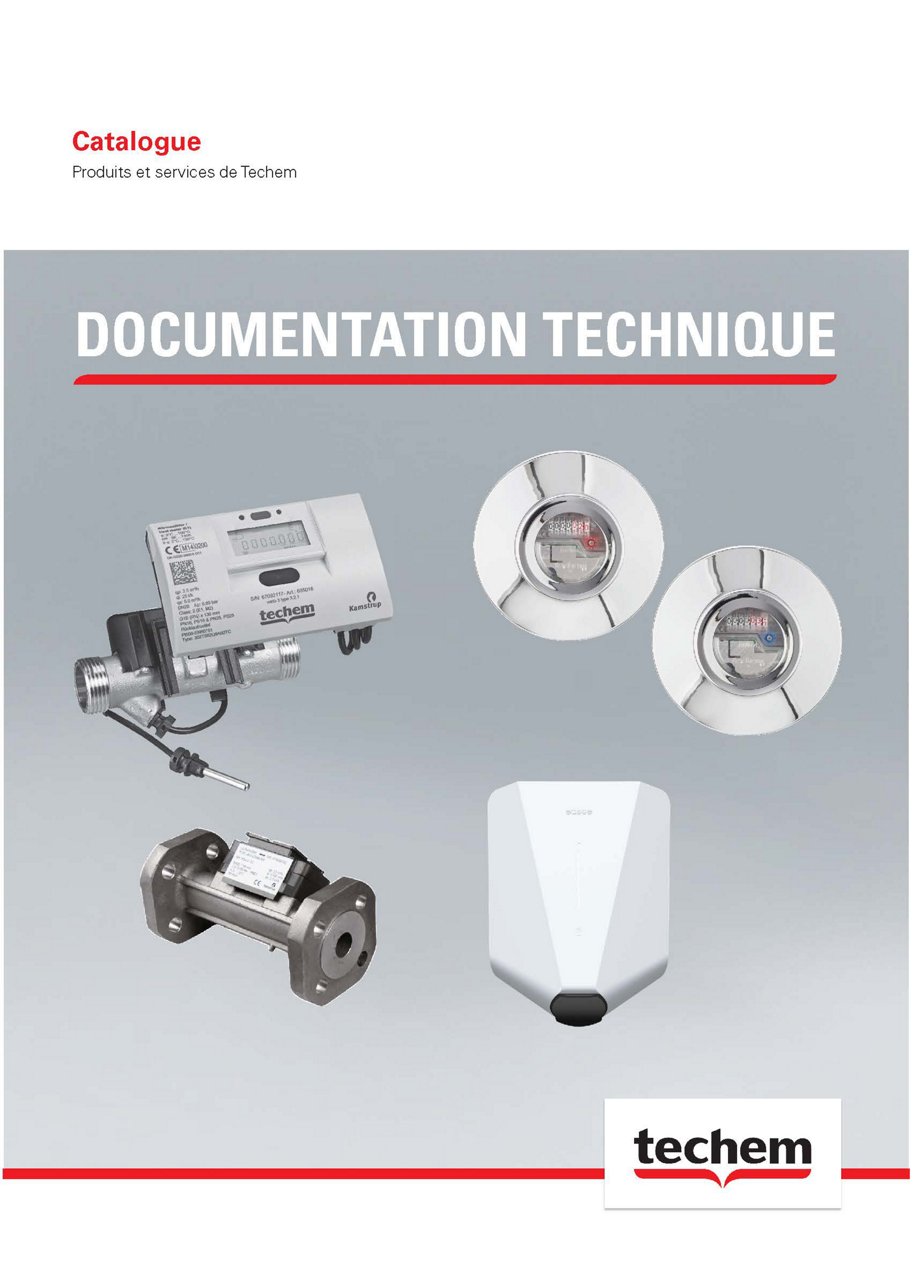 Photo de couverture du catalogue de produits Techem avec des appareils sur la couverture et un fond gris.