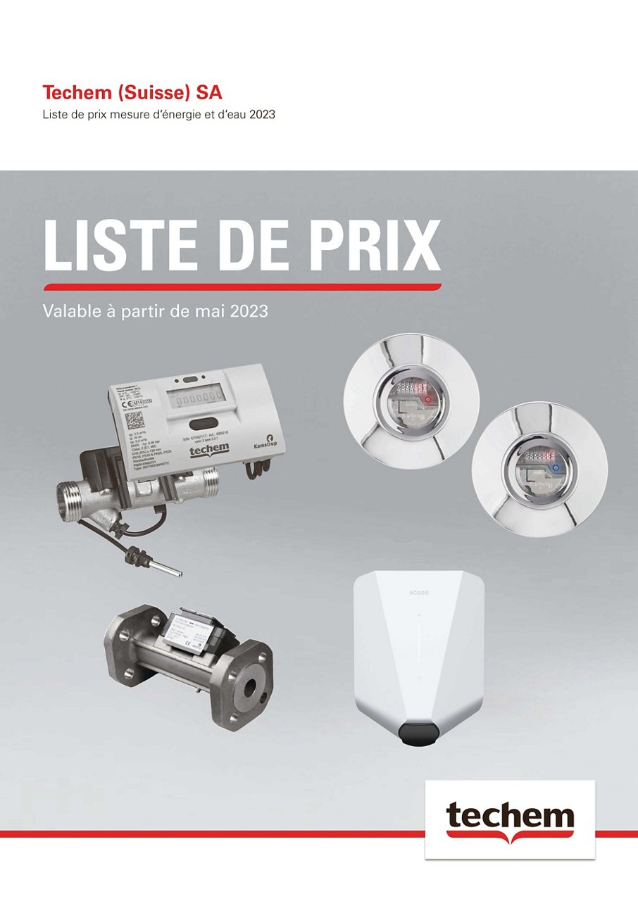 Illustrations de produits d'appareils Techem, dont des compteurs d'énergie et une Wallbox pour l'e-mobilité, sur fond gris. 