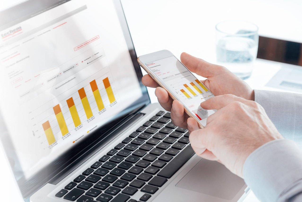 En person skriver på smarttelefonen, og ved siden av står en pc med samme skjermbilde.